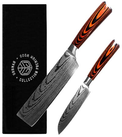 URUMAH Set Coltelli da Cucina Professionali Santoku e Nakiri coltello da cucina in acciaio ad alto tenore di carbonio con manico in legno coltello multiuso custodia protettiva e confezione regalo