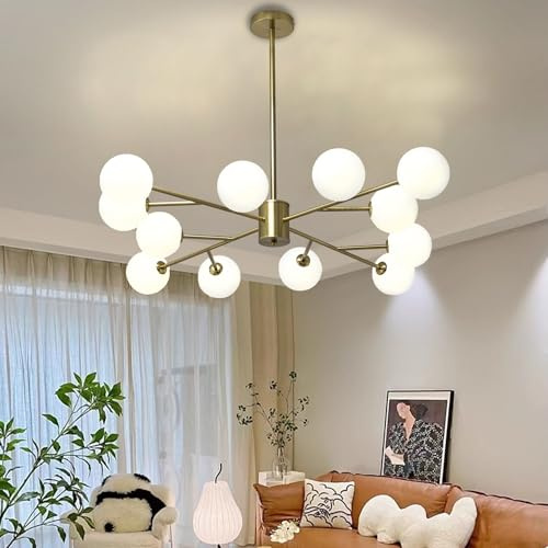 zhxinashu 12 Lichter Kronleuchter, Deckenleuchte Gold für Wohnzimmer | Industrieller Kronleuchter, G9 Glaskugel-Lampen nicht inkl., 20 & 30 cm Stange, Deckenleuchte für Küche, Schlafzimmer, Hotel