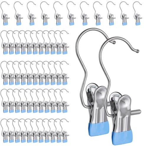 Platzsparende Wäscheklammern, Hut, Hose, Aufbewahrung, Reisehaken, tragbar, 360° drehbar, Edelstahl, Handtuch-Clips, Wäscheklammern, Wäscheklammern mit Clips für Zuhause und Reisen, 50 Stück