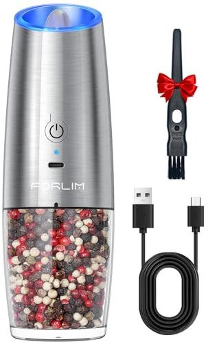 FORLIM Molinillo Pimienta Eléctrico, USB Recargable, Molinillo Sal de 6oz, Con luz LED, Operación con una Mano, Grueso Ajustable, Molido Automático por Gravedad, Acero Inoxidable, 1 Pieza (Plata)
