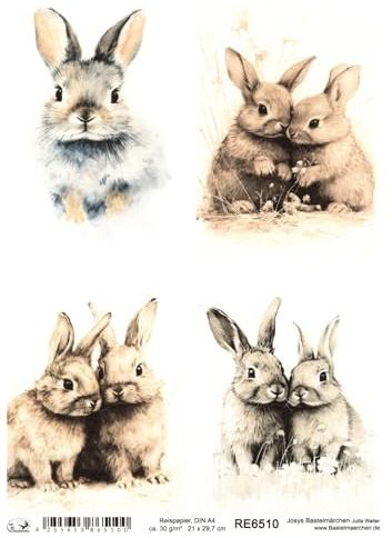 Josys Bastelmärchen Reispapier A4 Strohseide Decoupage Ostern Hase Süße Häschen RE6510