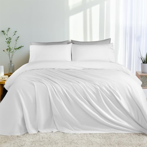 Shilucheng - Juego de sábanas Tencel, 100% sábanas de lyocell de eucalipto, más frescas que el algodón y el lino, sábanas de verano de enfriamiento 4 piezas, bolsillos profundos de 40,6 cm (blanco