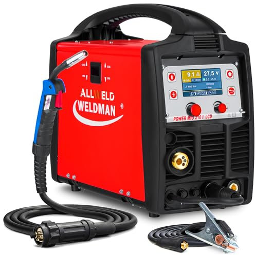 Weldman POWER MIG 210 LCD - Soldador Inverter Profesional a Gas 200 A - Sinergia Total - MIG/MAG, TIG, MMA - Soldadura por Puntos, Inductividad - 4 Rodillos, Memoria de Ajustes