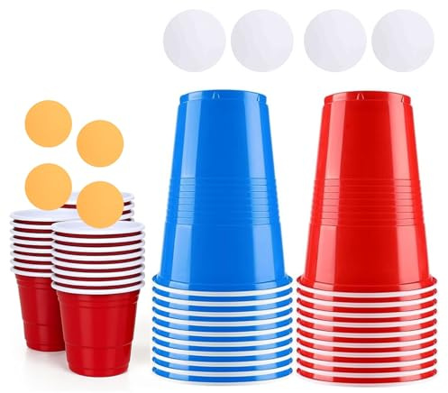 ZOPPER Party Cups & Pong Balls Set – 450ml Plastic 16oz, 10Red, 10Blue Cups with 24 Red Shot Glasses 2oz – Portable Tabletop Game Kit for Parties, Gatherings, Indoor & Outdoor Activities