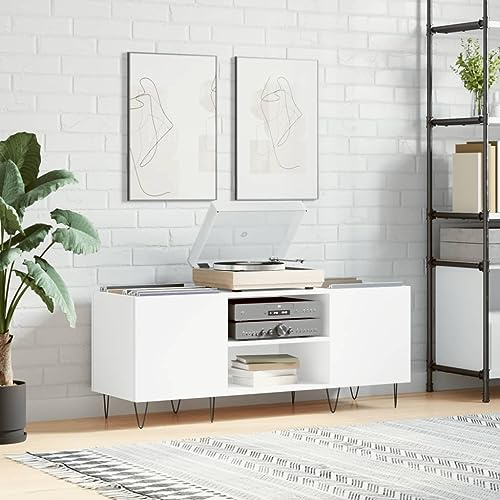 prissent Diskettenregal, mehrschichtig, Regal, CD-Regal, Wohnzimmer, TV-Schrank, Bücherregal, Holz, Schallplatten, schmales Bücherregal, niedriger Schrank, weiß, 121 x 38 x 48 cm, aus Holz