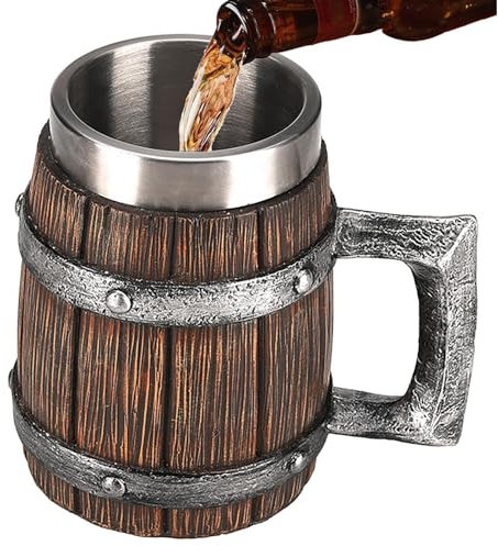1 chope à bière – Chope à bière, tasse à bière vintage | Tasse à bière en forme de tonneau en bois, tasse à café , tasse rune pour décoration nordique – Cadeaux (15 x 15 x 9 cm)