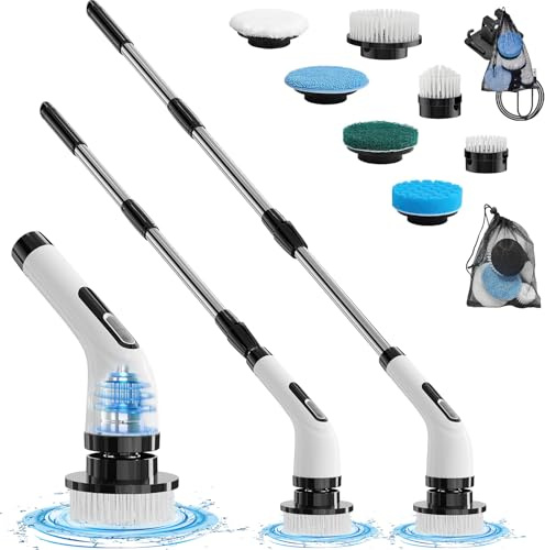 Akdomart Cepillo de Limpieza Electrico, Cepillo Electrico Limpieza Hogar con 7 Cabezales de Cepillo de Repuesto, Fregadora Giratoria Eléctrica con Mango Ajustable para Baño, Suelo de Baldosas y Coche