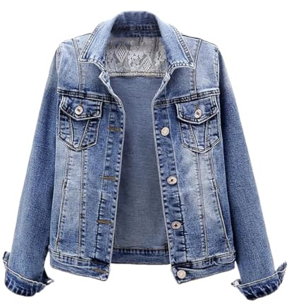 Pegsmio Vintage-Jeansjacke mit Spitze, elastisch, schmal, kurz, Cowboy-Oberbekleidung, Tasche, lange Ärmel, Jeansjacke