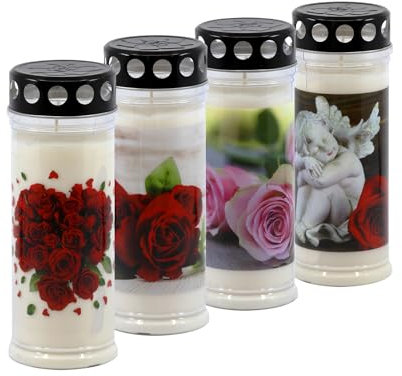 Horeca Candles - Grabkerzen 7 Tage Brenndauer - 5er Set Grablicht mit Deckel - Weiß Wachs - Trauerkerzen mit Motiv - Friedhofskerze für Grabdeko