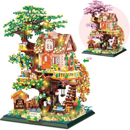 HIGH GODO Blumen Baumhaus Micro Bausteine mit LED, 3196 Teile Haus Garten, Baum Pflanzen Blumen Tiere Architektur Klemmbausteine Set, Creative Geschenk für Erwachsene oder Jugendliche