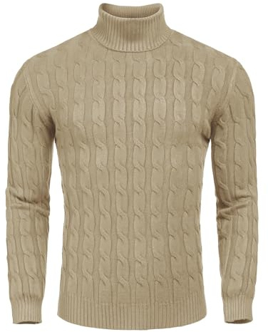COOFANDY herr polotröja tröja basic stickad tröja flätmönster tröja herr tröja tröja rulle hals långärmad tröja, Mångrå, S