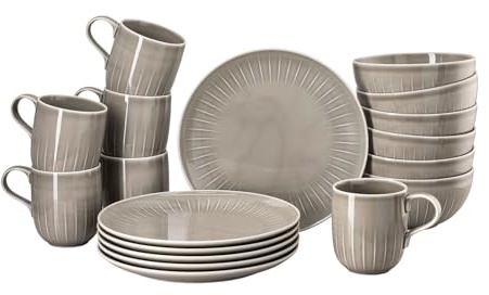 Rosenthal Joyn Grey 18-Piece Mug Set, Stoneware, Tableware, Dining Set, Coffee Service, Breakfast Plates, Mugs, Bowls, Soups, Cereal, Grey