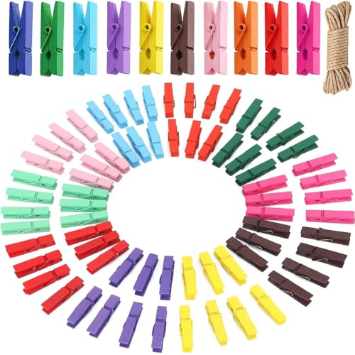 150 Stück Bunte Mini Holz Wäscheklammern,Holzklammern，3,5cm mit 10m Schnur