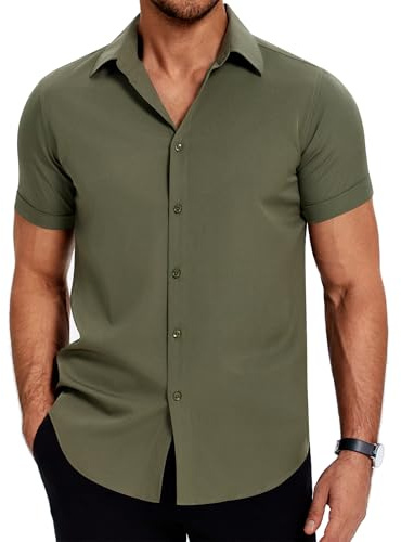 COOFANDY skjorta män kortärmad fritidsskjorta fläckskydd affärsskjorta sommarskjortor casual kortärmad skjorta enfärgad, Armégrön, M
