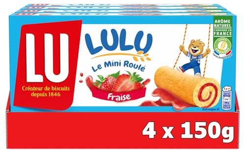 LU - LULU Le Mini Roulé Fraise - 4 Boîtes de Lulu Le Miniroulé Fraise - Gâteaux Individuels - Génoise Moelleuse et Tendre à la Fraise - Idéal à Emporter pour le Goûter des Enfants - Lot de 4x150g