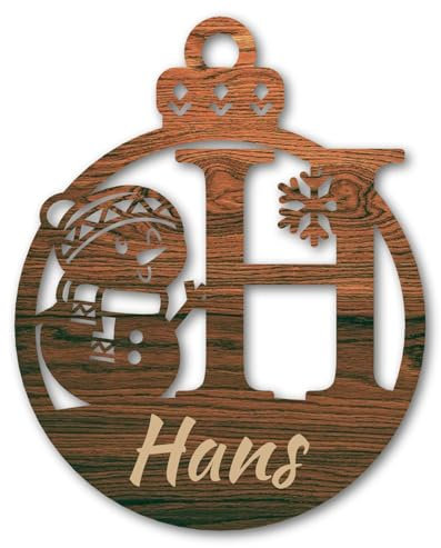 Urhome Weihnachtskugel personalisiert mit Wunschtext Gravur Buchstabe H mit Schneeman Motiv Dunkel Braun - Ornament Christbaumschmuck Weihnachtsdeko Weihnachtsbaum Anhänger aus 6,5mm Holz