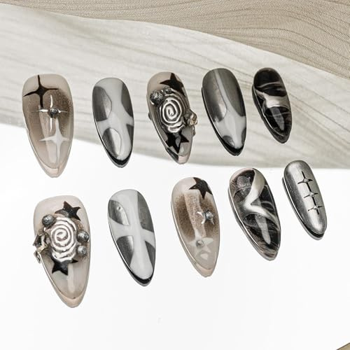 Sun&Beam Nails Handgefertigte Kunstnägel Mittel Lang Mandel Nägel zum Aufkleben in Silber Grau Schwarz Weiß Handgemalt Y2K Y2K Design mit Klebepads 10 Stück (#186 S)