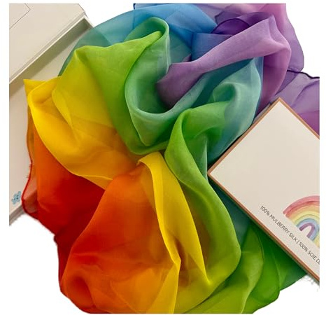 milijou - Playsilk 100 % Kvadratisk Mulberry Silke - Regnbåge - Mjuk och Naturlig Sidenhalsduk, Roliga Tillbehör För Fantasiösa Och Kreativa Leksaker, Jongleringshalsdukar, Montessori, 90 x 90 cm