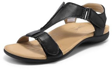 DREAM PAIRS ortopediska sandaler för kvinnor valvstöd platta sandaler T-rem string bekväma sommarskor uppklädda promenadsandaler med ryggrem, Svart, 39 EU