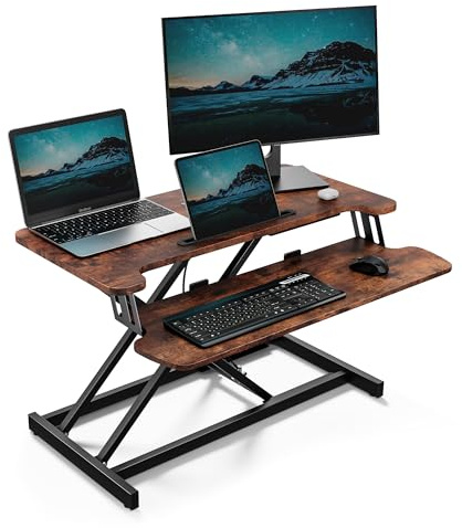 VonHaus Convertitore da Scrivania in Piedi, Rialzo Monitor per Computer con Piano per Tastiera, Rialzo Scrivania per Laptop con Supporto Tablet (Legno Scuro)