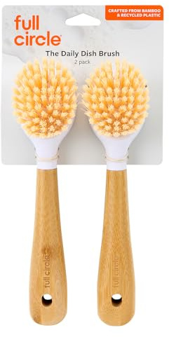 Full Circle Be Good Bamboo Dish Brushes – Sustainable, Tough-Bristle scrubbers for Dishes, pots & Pans - Long Handle, Ideal for cast Iron, Pack of 2, White