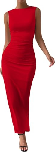 Zesoyne Womens Maxi Dress Sexy Sleeveless Bodycon Round Neck Elegant Long Dresses for Party Wedding Cocktail XS Red