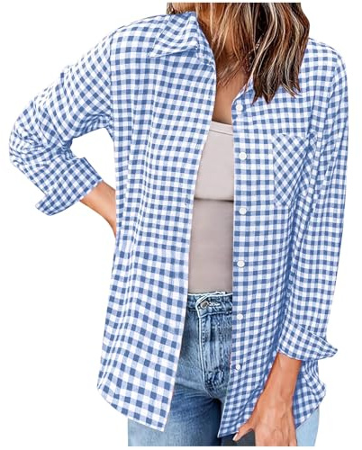 Trachtenhemd Damen Karo Bluse Oktoberfest Kariert Hemdbluse Musselin Hemden Lässige Holzfällerhemd Langarm Lockere Blusenshirt Freizeit Fashion Flanellhemden Button Angebote Hellblau S