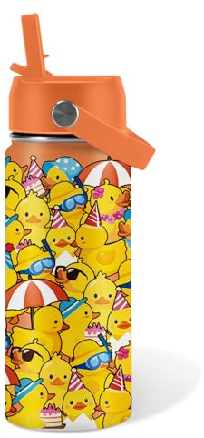 Duck Gifts for Boy Girls - 16oz Kids Water Bottle with Straw, Rubber Duck Stainless Steel Water Bottles Insulated, BPA-free, Leak-proof, Cute Cartoon Tumbler for School, Travel, Children Gift Cup(1pc)