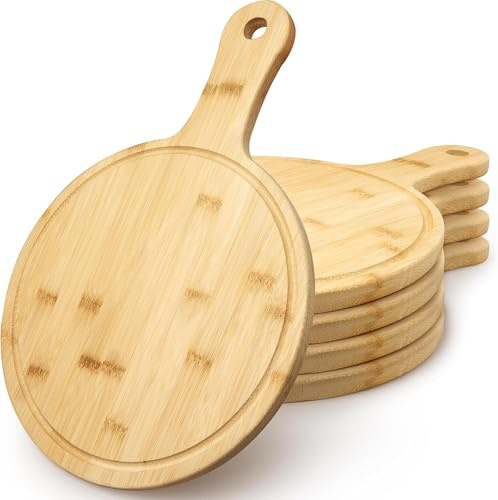 5 Stück Bambus Schneidebretter mit Griff,Runde Servierbretter, Küchenbretter & Charcuterie Boards aus Holz für Pizza, Brot, Käse, Obst,Gemüse, 40 x 28 cm