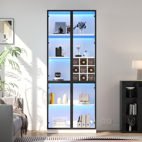 Vitrina, vitrina de cristal con puertas de cristal con LED, armario alto, estantería, vitrina de pie, armario de vino, elegante aparador con puertas dobles, estante de cristal y soporte para vino 80 x