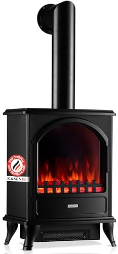 KAMINIO Cheminée électrique Leni - Poêle électrique avec Chauffage, Effet de Flamme 3D (Noir avec Tube)