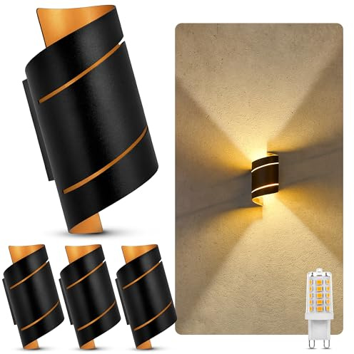 SSC-LUXon VYRA Wandleuchte 4er Set schwarz-gold rund G9 3W dimmbar warmweiß | Vier runde Wandlampen schwarz-gold - Up-Down-Licht dimmbar, Schlitzdesign für Flur, Treppe & Wohnzimmer, inkl. G9 LED