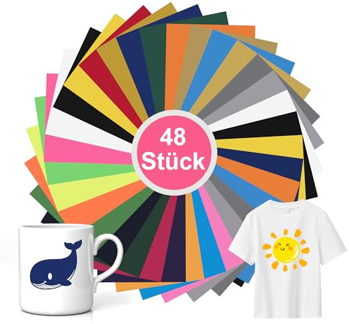 Nuangoo 48 Stück PVC Plotterfolie Textil Heat Transfer Vinyl, Flexfolie zum Aufbügeln für DIY Hüte,T-Shirts, & Andere Stoffe, 30.5×20.5cm Textil PVC Transferfolie