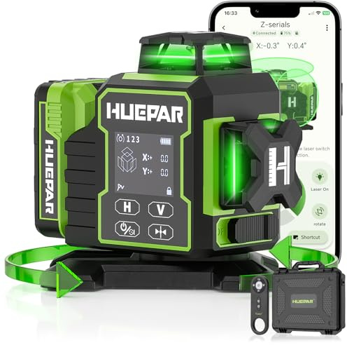 Huepar W03CG 3x360° Laser Level with LCD Screen Bluetooth Connected | Self Leveling, 3D, 12 Lines, Electric Rotating Base, 3 Planes Green Cross Lazer Leveler Tool