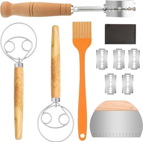 BCENG Sauerteig Zubehör Bäckermesser 5 Stück Sauerteig Zubehör Bäckermesser | Brotklinge Teigschaber, Brotschneidewerkzeug 2 Stk Dänischer Schneebesen mit 5 Bäckerklinge & Lederschutzhülle Brotbürste