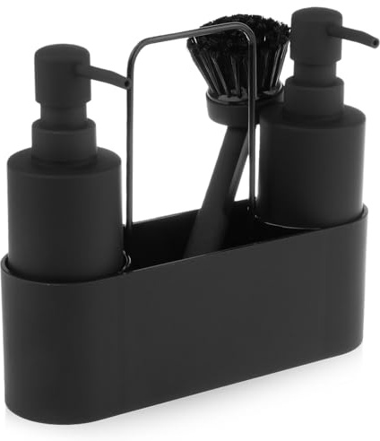 Spülmittelspender Küche mit Seifenspender, 4 in 1 Seifenspender Küche Set, Spülbecken Organizer Schwarz mit Schwammhalter und Bürste, für Spülbecken-Caddy,Küchen,Bad