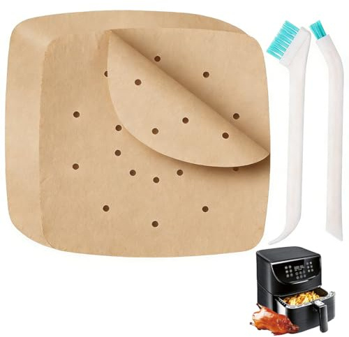 VONJUMA 100 Hojas Papel Freidora Aire Papel De Horno Para Freidora De Aire Cuadradas Perforadas Desechables Antiadherentes Sin Aceite Alimentos Fritos Asados 21.5×21.5Cm Con 2 Cepillo De Limpieza