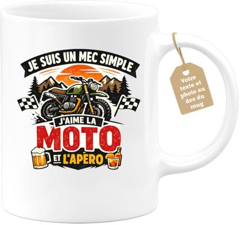 quotedazur Café-Croissant - Mug Personnalisé Moto - Tasse Je Suis Un Mec Simple, J'aime La Moto Et L'apéro - Cadeau Motard Homme - Blanc/céramique