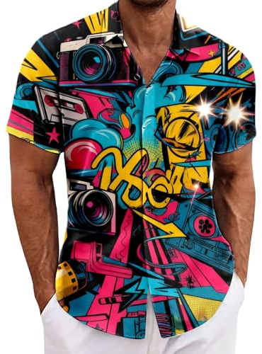 Chemise hawaïenne à manches courtes pour homme - Colorée - Vintage - Pour homme - Chemise colorée - Rétro - Festival fluo - Chemise de loisirs - Fête - Années 70, 80, 90 - Tenue de fête des années