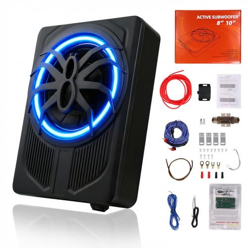 OiLiehu Subwoofer para Coche de 10 Pulgadas y 1000W, Subwoofer con Sonido Envolvente Estéreo, Amplificador de Audio Integrado, Entradas de Bajo y Alto Nivel, con Luz Ambiental LED Azul