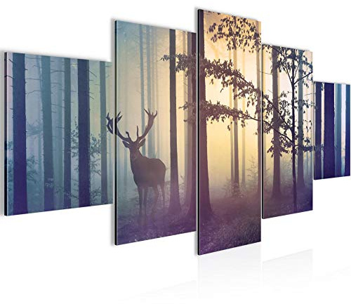 Runa Art - Bilder Wald Hirsch 200 x 100 cm 5 Teilig XXL Wanddekoration Design Blau 013451a