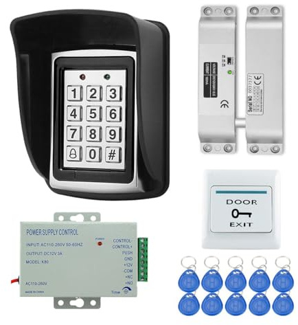 YAVIS Kit programmierbare RFID-Zugangskontrollsystem Metall Controller Tastatur, wasserdichte Schale, elektrisches Bolzenschloss, DC 12V 3A Netzteil, Ausgangstaste, Schlüsselanhänger ID 10 Stück