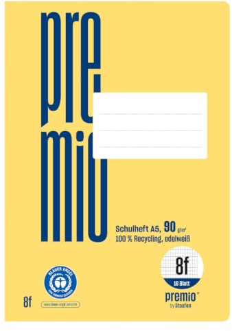 Staufen Grön skolhäfte – DIN A5, linjering 8f (5 x 7 mm rutad med kanten), 16 blad, 90 g/m² återvunnet papper, runda hörn förhindrar åsneöron, 3 olika motiv (inget val möjlig), 1 st