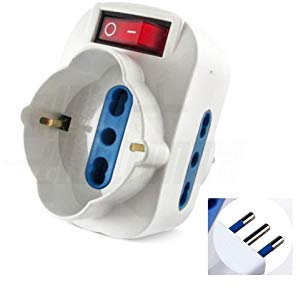 Adattatore rotante con spina 10A rotante e 2 prese bipasso e 1 presa bipasso/schuko con protezione