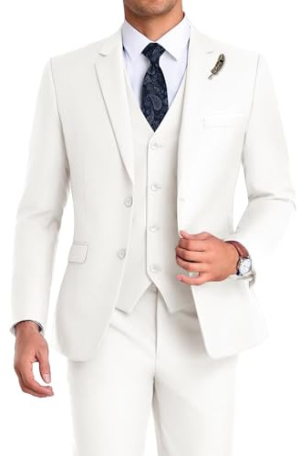 Mrbuerly Wedding Suits for Men 3 Pieces, Formal Ivory Tuxedos 2 Button Groomsmen Prom Slim Fit Suit with Tie-M/4034