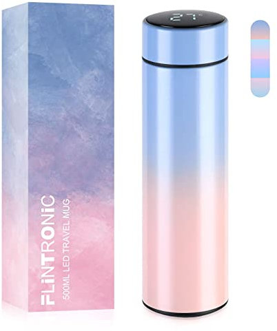 Flintronic Thermosflasche, 500ml Vakuum Isolierbecher Trinkflasche aus 304 Edelstahl, Wasserflasche mit LED-Touchscreen Temperaturanzeige, Edelstahl Trinkflasche Auslaufsicher, BPA-Frei