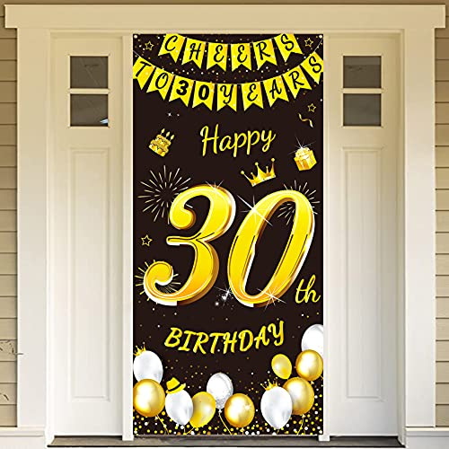 DPKOW Schwarz Gold 30. Geburtstag Deko Mann Frau, Schwarz Gold Tür Banner für 30. Geburtstag Tür Hintergrund Deko für Garten Tisch Wand, 185 x 90cm Stoff