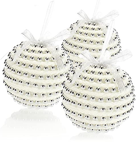 com-four® 3X Weihnachtskugeln - Christbaumkugeln mit Stoffbezug für Weihnachten - Baumschmuck für den Christbaum, Ø 10 cm (weiß/silberfarben - 3 Stück)