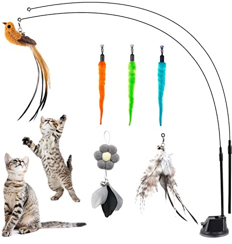 EASY JOY Jouet Chat Interieur, interactifs pour Chats avec 2 Baguette Magique et 6 Plumes avec Cloche, Kit avec Ventouse Amovible (9Pièces)