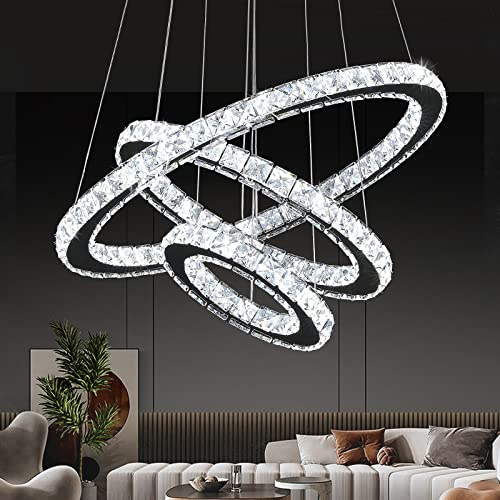 Buccleuch Modern Crystal Chandelier, Dimmable LED Pendant Light Fixture 3-Ring Adjustable Stainless Steel Ceiling Light, Silver Crystal Chandeliers for Dining Room, Bedroom, Living Room - ETL Listed